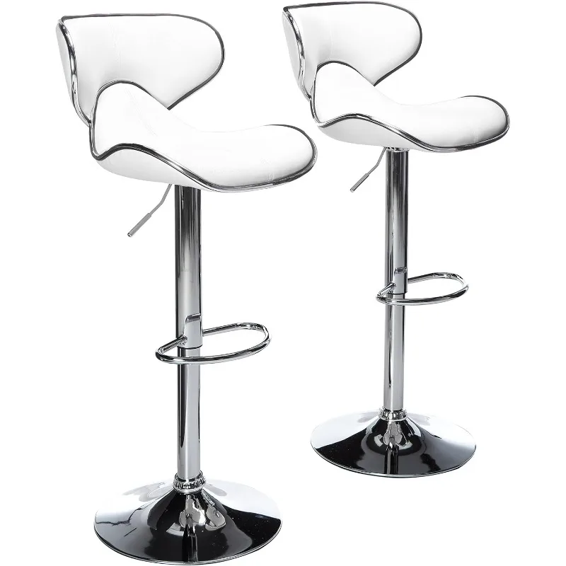 Masaccio Cushioned Leatherette Upholstery Airlift Adjustable Swivel Barstool with Chrome Base, Set of 2, White