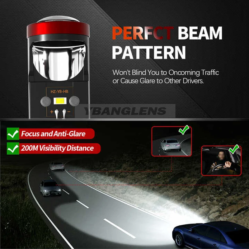 جهاز عرض ليد Y8 H4 للسيارة ، طقم مصابيح أمامية للسيارة بعدسات صغيرة ، تحويل شعاع عالي منخفض ، مروحة توربو W ، مصباح إضاءة #3