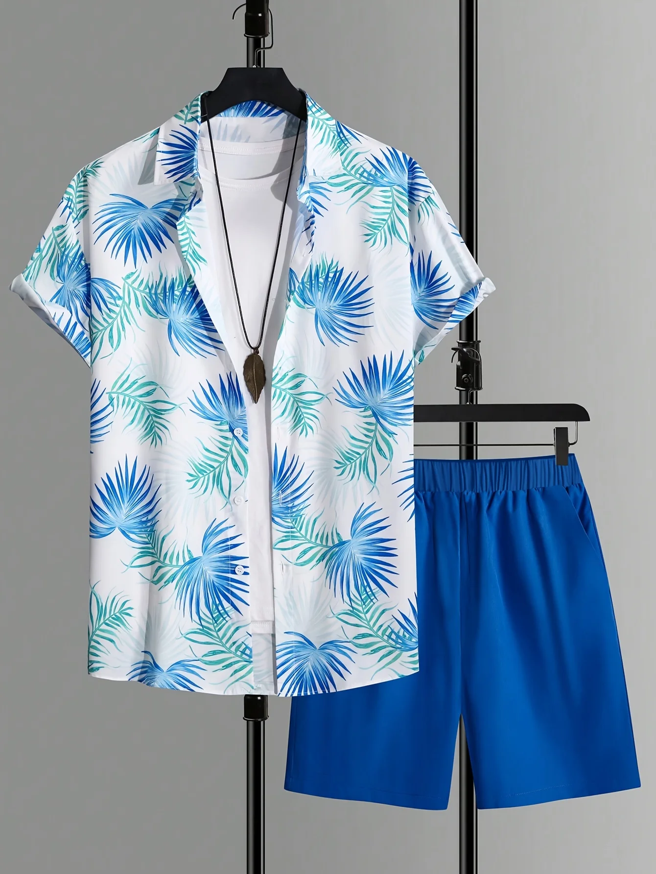 

Мужская рубашка с короткими рукавами и гавайским принтом пальмового листа, стильный пляжный повседневный комплект с шортами, мужской мягкий и удобный комплект из двух предметов