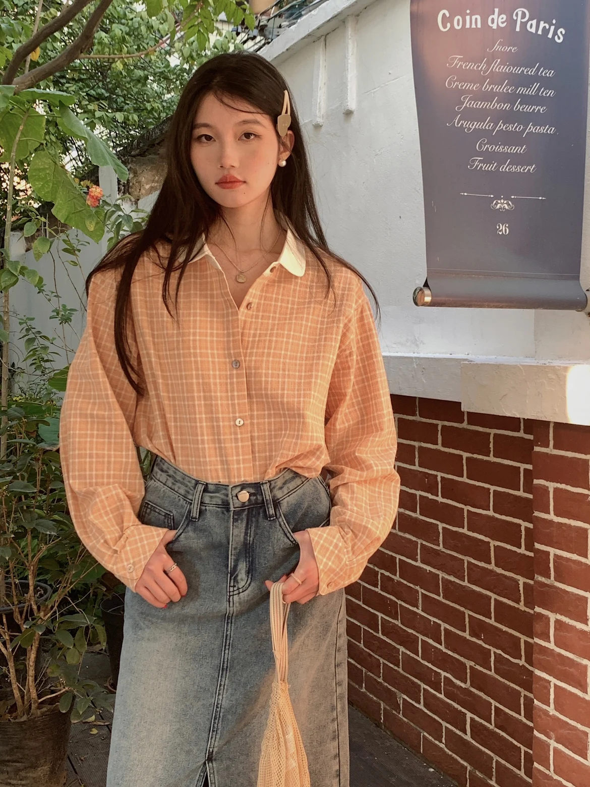 

Early Spring Plaid irt Light Orange And White Stripes Women's Busin Casual Long Sve Collar Button Detail irt