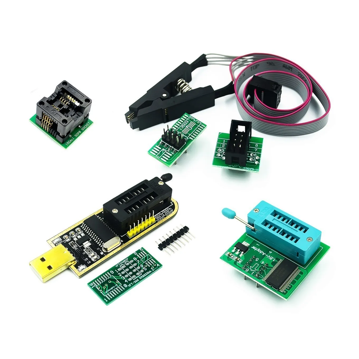 CH341A 24 25 Series EEPROM Flash BIOS USB Programmer Module + SOP8 Test Clip +1.8V adapter + SOIC8 SOP16 to DIP8 adapter DIY KIT