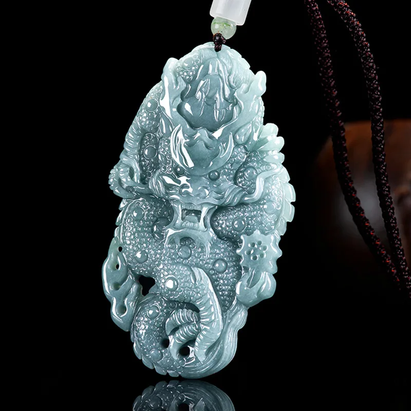 Natural A-grade jade blue water divine domineering dragon pendant ice type jade temperament men wealth field women protection