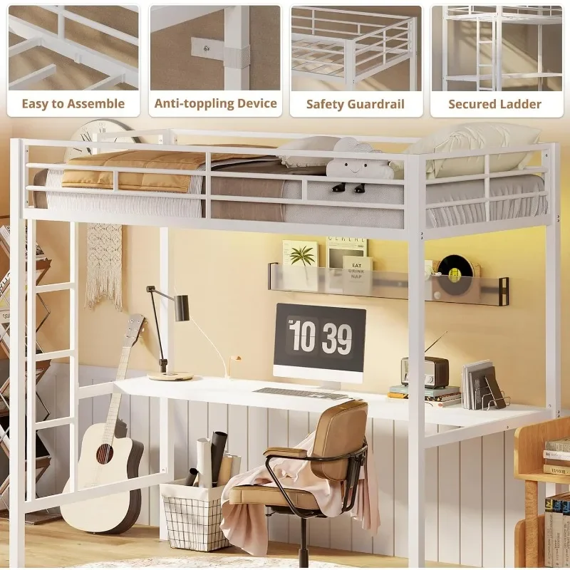 ZHENXIANG Loft Bed Twin Size with Desk, Metal Loft Bed Frame with Power Outlet and LED Lighted, Space-Saving, Noise Free