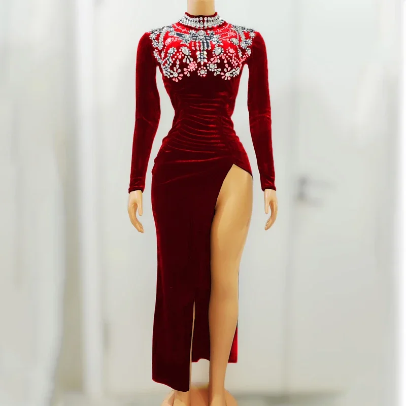 多くの色のラインストーンベルベットスリットドレスイブニングドレス女性のパーティー祝うダンスドレスステージフェスティバル衣装 XS6443