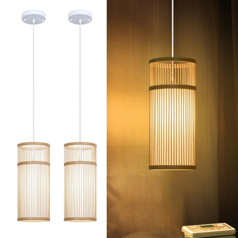 

2 Pack Handwoven Bamboo Pendant Light, Japanese & Chinese Style Natural Rattan Cylinder Lamp for Bedroom Living Room Dining