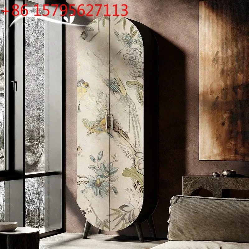 

French cream wind flower and bird wine cabinet solid wood porch storage cabinet household living room decorative side cabinet