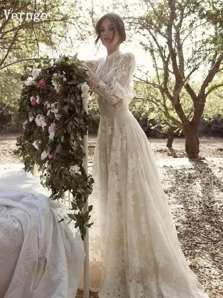 Verngo luxe dentelle robe de soirée col haut manches longues une ligne à plusieurs niveaux robes de bal modeste bal formelle Occasion robes personnalisées