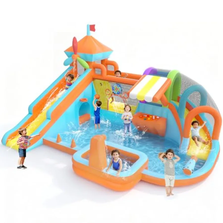 

Надувной батут с двойными горками 10 в 1, надувной комплекс с воздуходувкой 750 Вт, игровой комплекс с бассейном, стендом для игрушек, водным бассейном, скалодромом и зоной для прыжков