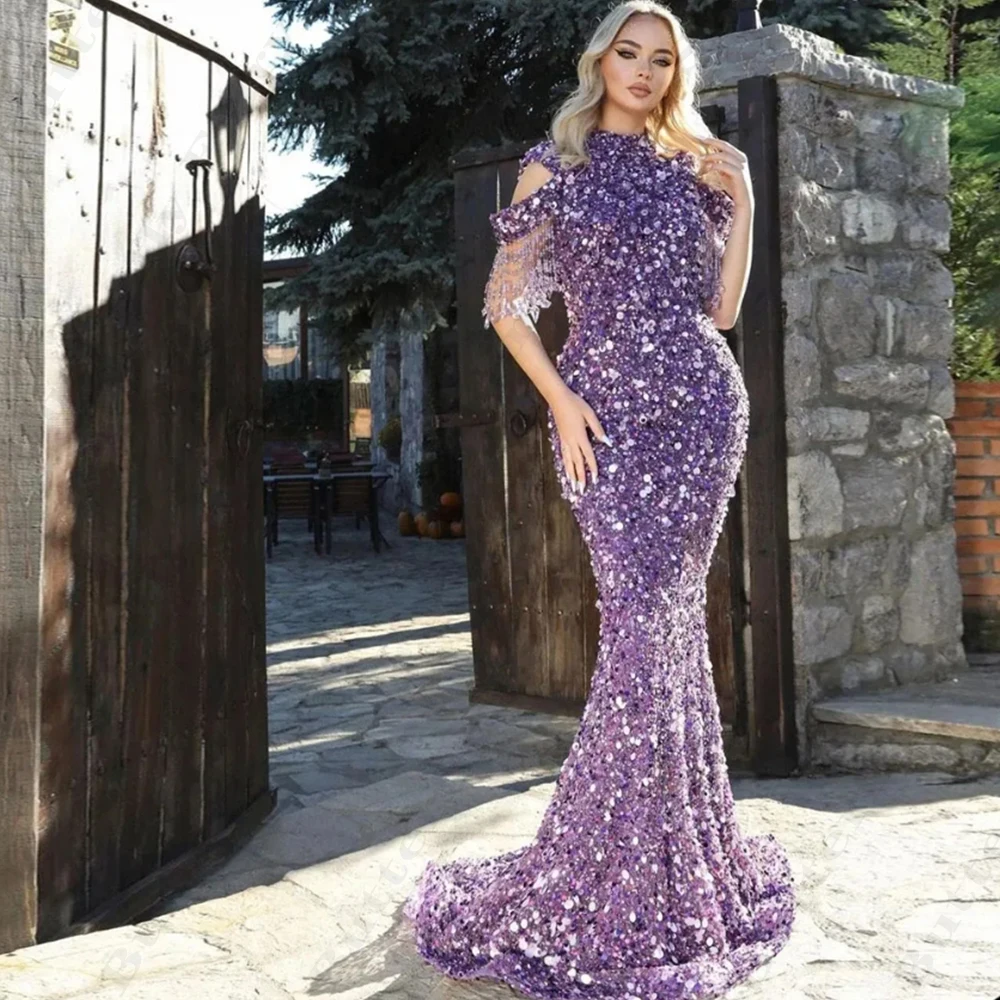 Luxurious Fashion Beading Evening Party Dresses For Women A Line High Neck With Sleeves Sexy Mermaid Mopping Prom Gowns 2024