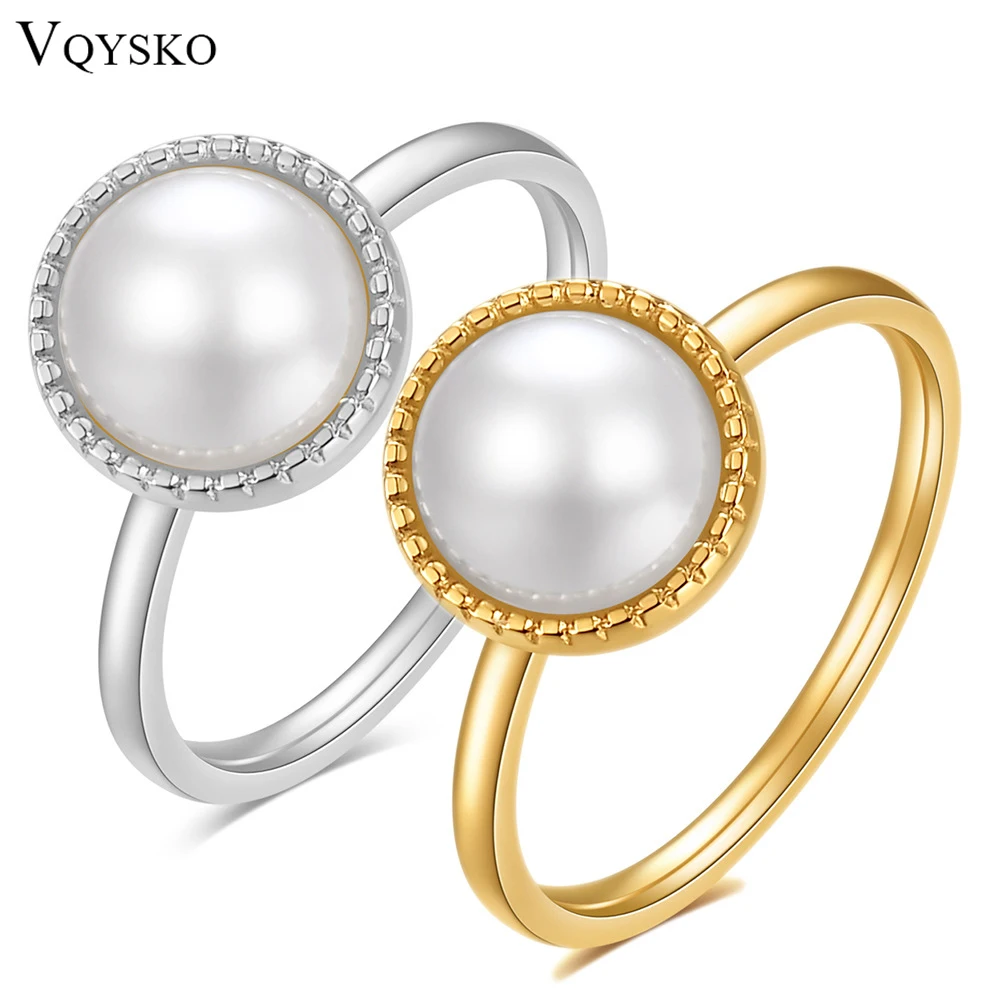 VQYSKO Dainty Round Fresh Water Natural Pearl Ring Birthstone Promise Texture Ring Gift For Her