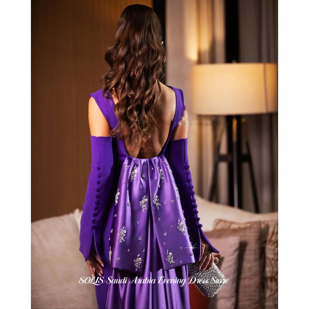 

SOLIS Elegant Purple Prom Dress Long Detachable Sleeves and Beaded Back Bow Evening Dress High Slit Sheath Party Gown Customized