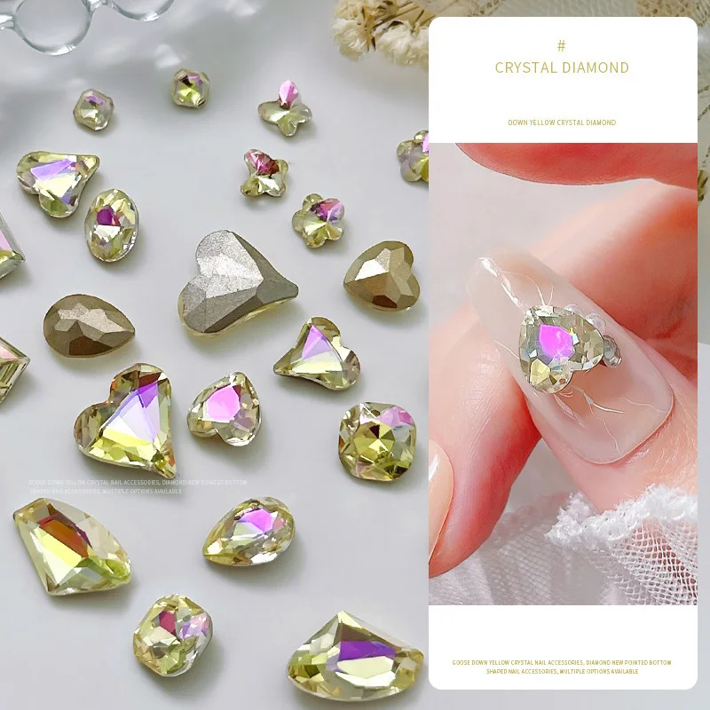 10PCS Rhinestones Special Shape Crystal AB Goose Down Yellow Cusp Base Nail Rhinestone 3D Nail Art Decoration DIY Tool