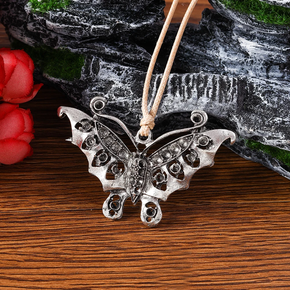 Aihua Ethnische Lederkette Retro Großer Schmetterling-Anhänger Halskette für Frauen Zigeuner Bohemian Schmuck – Detail 2