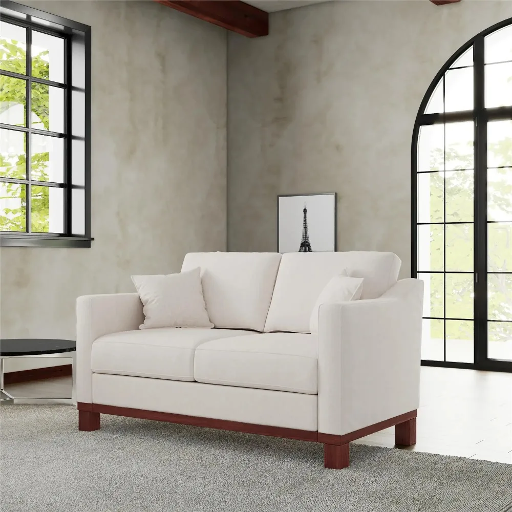 Brooklyn Upholstered Wood Base Loveseat with 2 Throw Cushions, Textured Beige