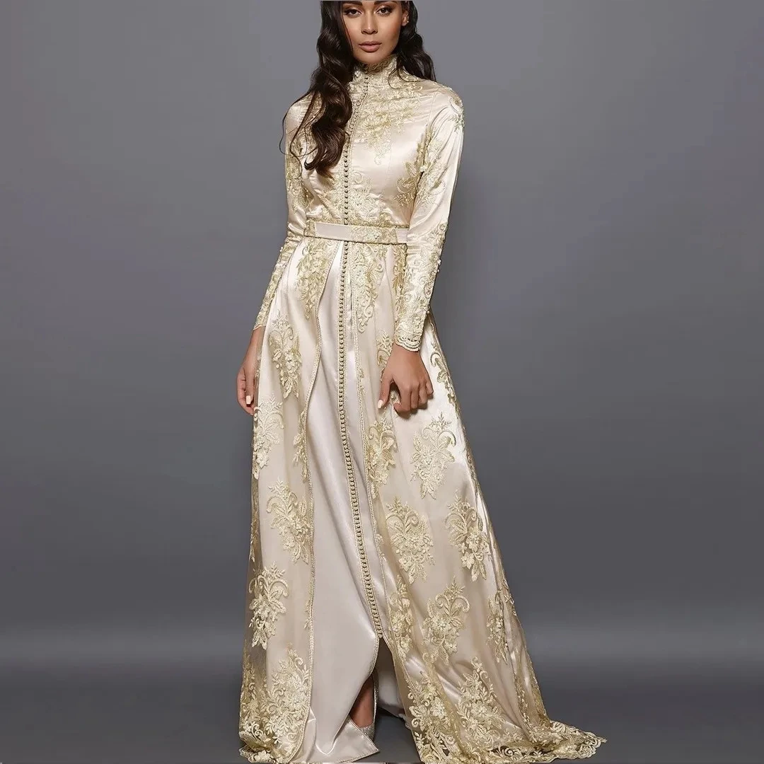 Champagne Moroccan Kaftan Muslim Evening Dresses A-line Long Sleeves Lace Dubai Arabic Turkey Caftan Abaya Islamic Gown