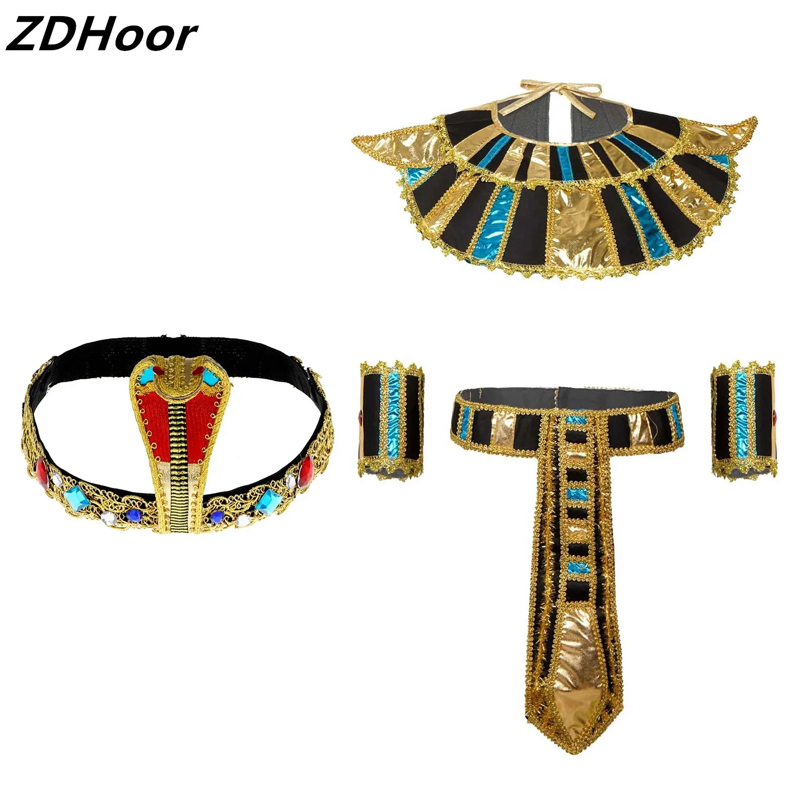 

Egyptian Pharaoh Cleopatra Roleplay Costumes Headwear Neck Collar Waist Belt with Wrist Bands King Queen Cosplay Accessories