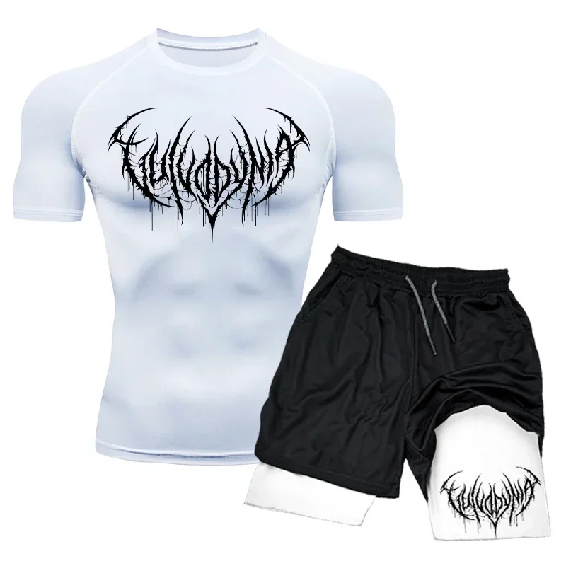 Men's 2 Piece Workout Outfit, Compression Short Sleeve T Shirt and 2 in 1 Sports Shorts Set for Gym Training Running Fitness