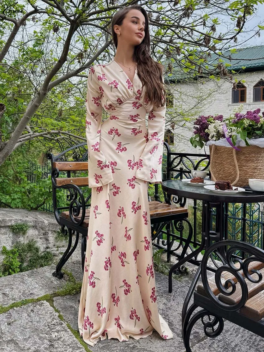 Oymimi elegante vestido feminino estampado preto moda cetim com decote em v manga comprida vestidos de renda outono cintura alta vestidos até o chão