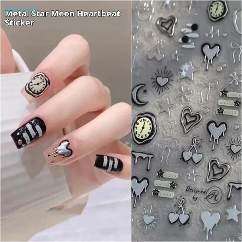 ♥ ثلاثية الأبعاد مسمار الفن ملصقات الفضة الحمم البركانية حلقة الكرز ساعة ساعة الحب معدل ضربات القلب الرسم البياني القمر ستار خط القوس خط مانيكير الشارات #6