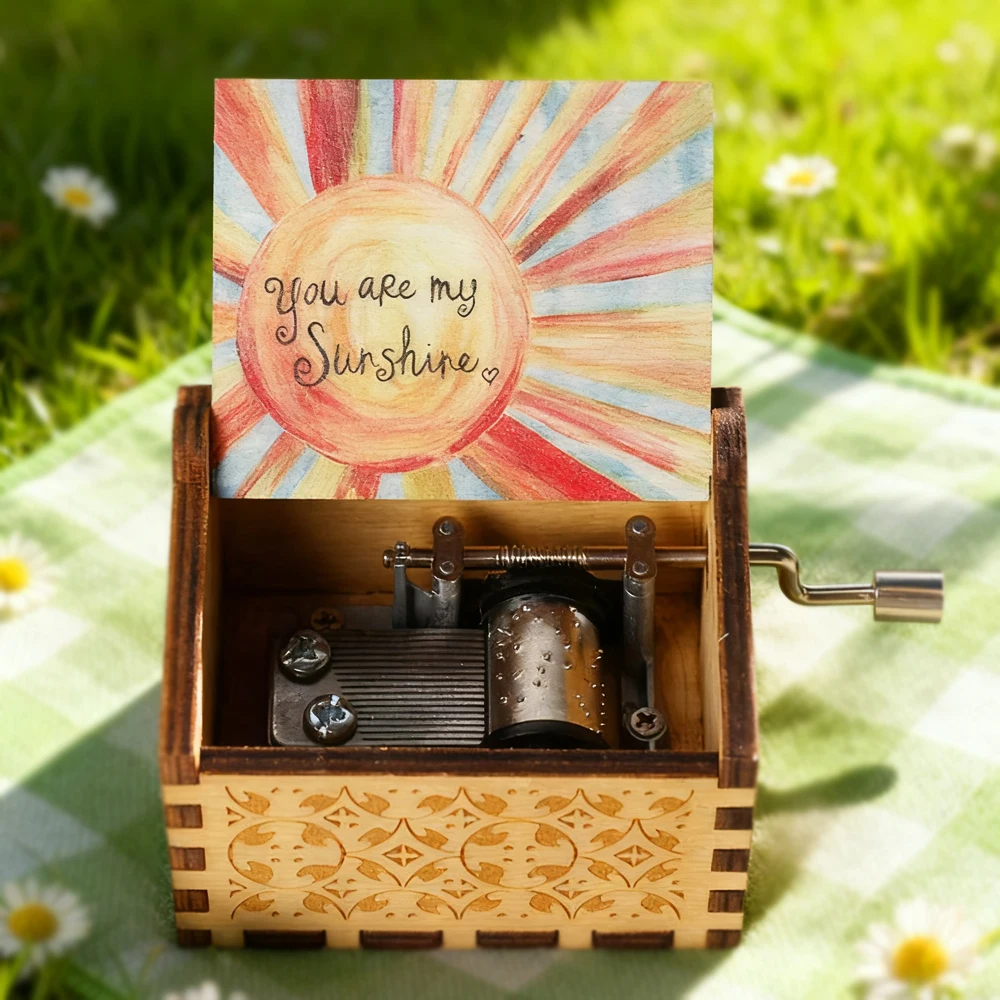 Wooden Music Box Hand Cranked Movement You are My Sunshine Gifts for Children Birthday Present  Home Office Decoration