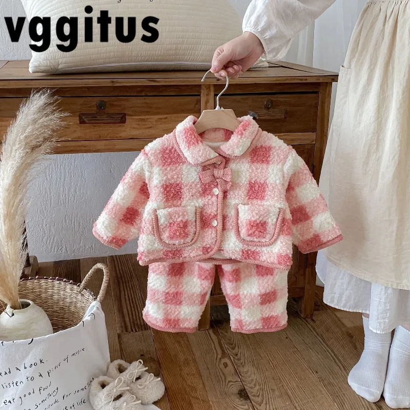 

Осенне-зимние комплекты для маленьких девочек, розовая клетчатая пушистая флисовая куртка с бантом и воротником, повседневные штаны, теплая одежда для девочек A2542