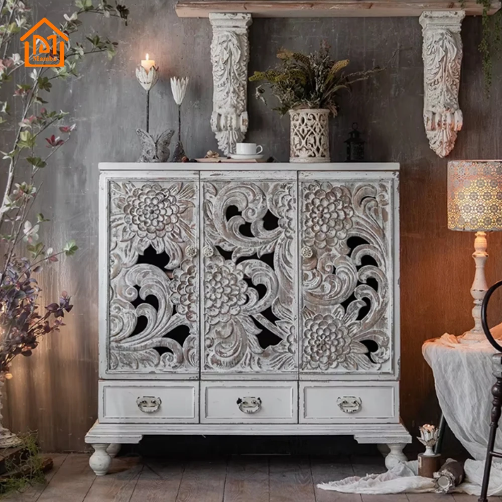 2024 Antique style white flower carved wooden tableware cabinet buffet cabinet with storage painted living room furniture