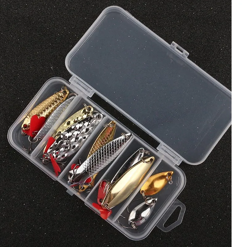 10PCS Fishing Metal Gold Silver Scoop Bait Kit Set Gold And Silver Bait Glitter Spinnery Box Tweeter Hook Gear For Fishing Gear