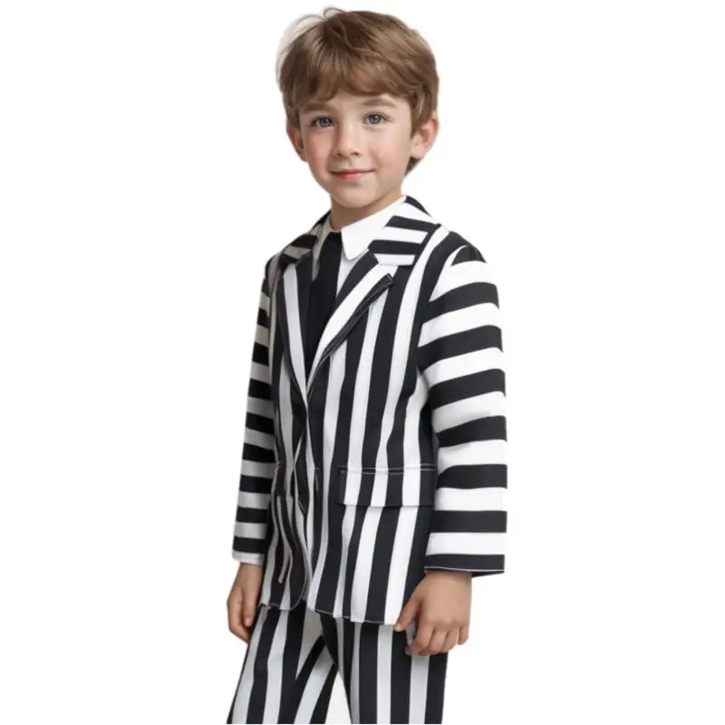 3 Pcs Beetle Movie Juice Costume for Childrens Black and White Striped Suit Halloween Underworld Master Performance Costumes