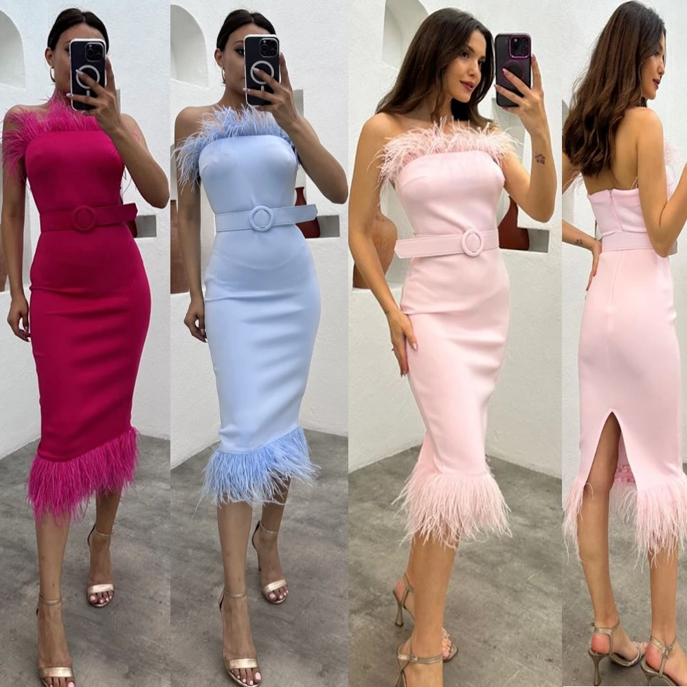 

Prom Dress Feather Sheath Belt Formal Occasion Evening Gowns Robe De Soiree فساتين سهره Vestido Festa Luxo