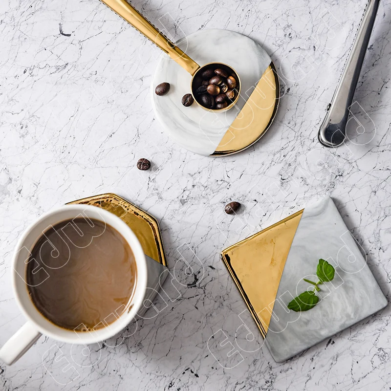 Nordic Style Tray Marble Ceramic Marbles Coaster Gold Edge Coaster Heat Insulation Pad Water Cup Mug Mat Food Decorations Trays