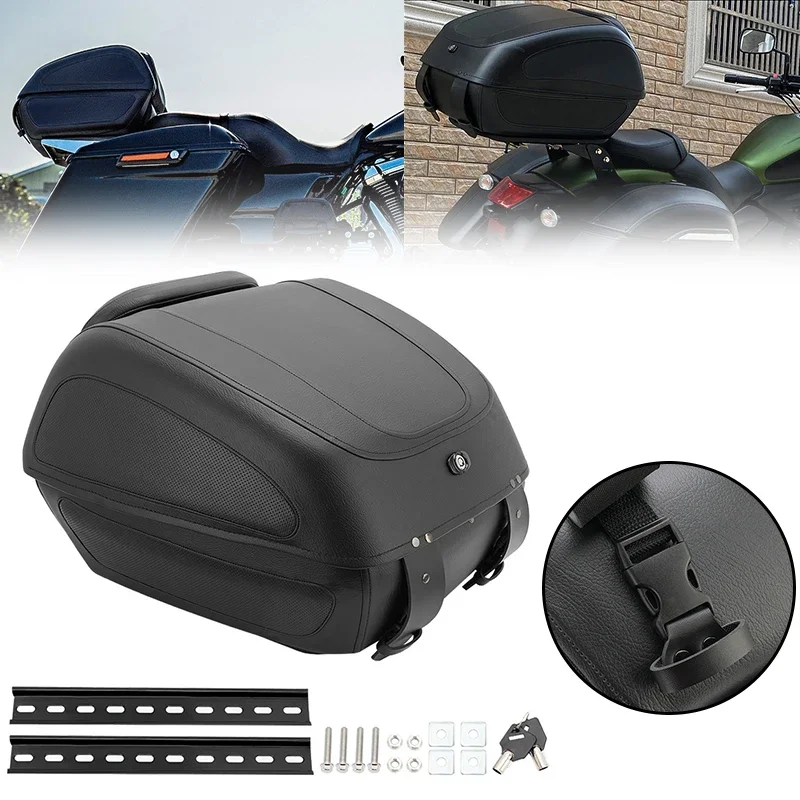 

For Harley Honda Yamaha Suzuki Motorcycle Universal Trunk Top Rear Travel Luggage Storage Case Leather Tool Tailgate Box Black