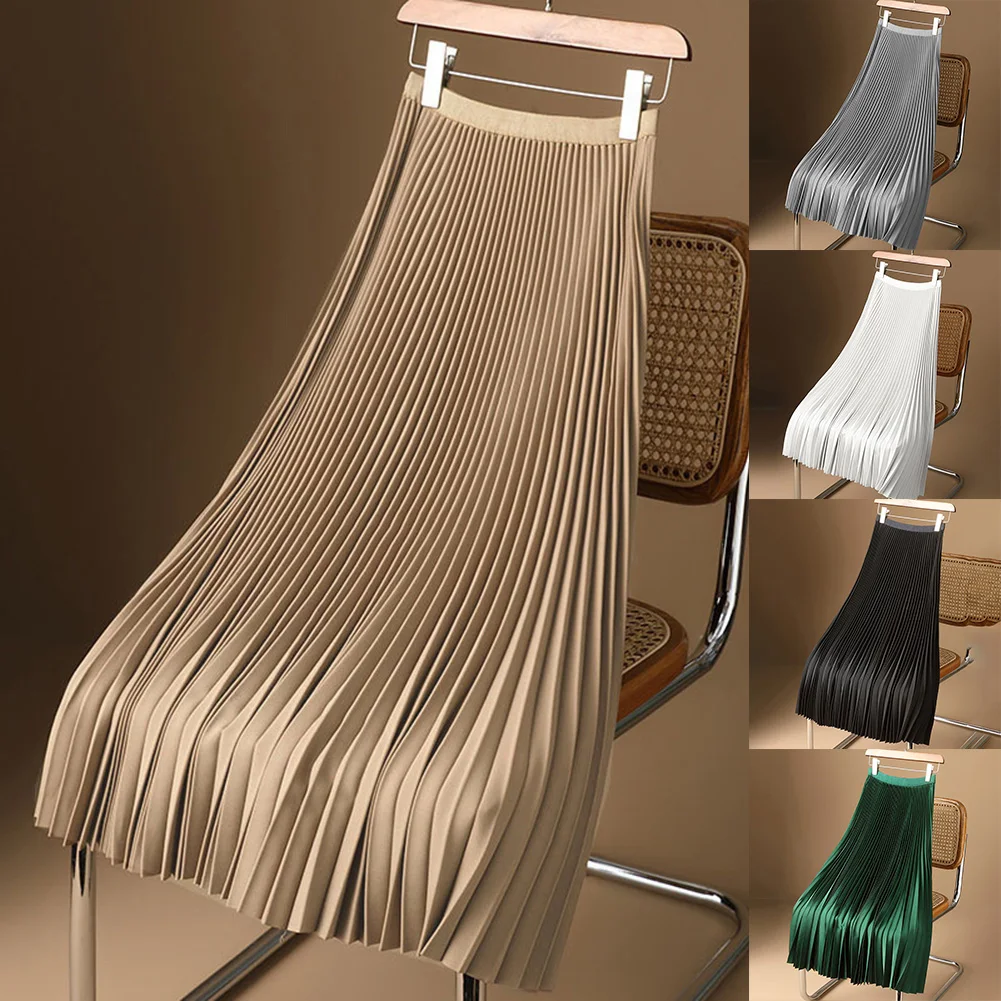 

Women Skirt Satin Solid Color Pleated Skirt Thin High Waist A-Line Skirt Fashion Skirt Ladies' Casual Pleated Skirt