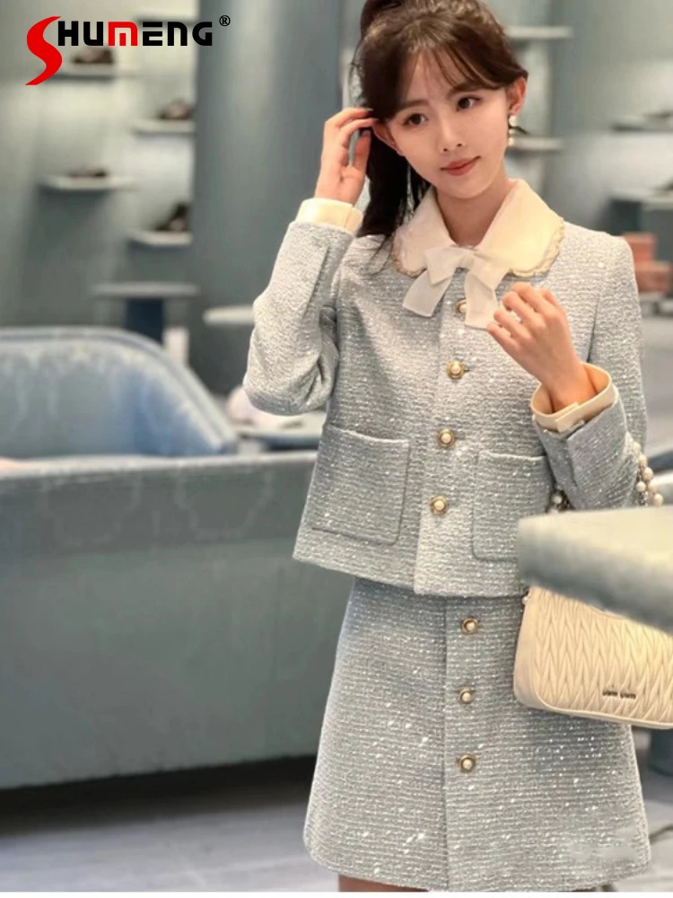 

Women's 2024 Autumn Winter New Two-piece Sets Feminine Small Fragrant Tweed Sequined Bow Long Sleeve Jackets Skirts Dress Set