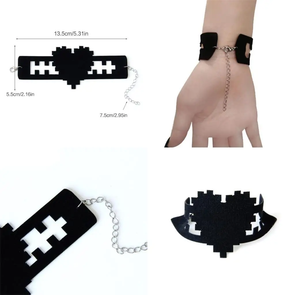 

39BD Gothic Black Bracelet Y2K Heart Bracelet Wristband Cuff Bracelet for Women Girls