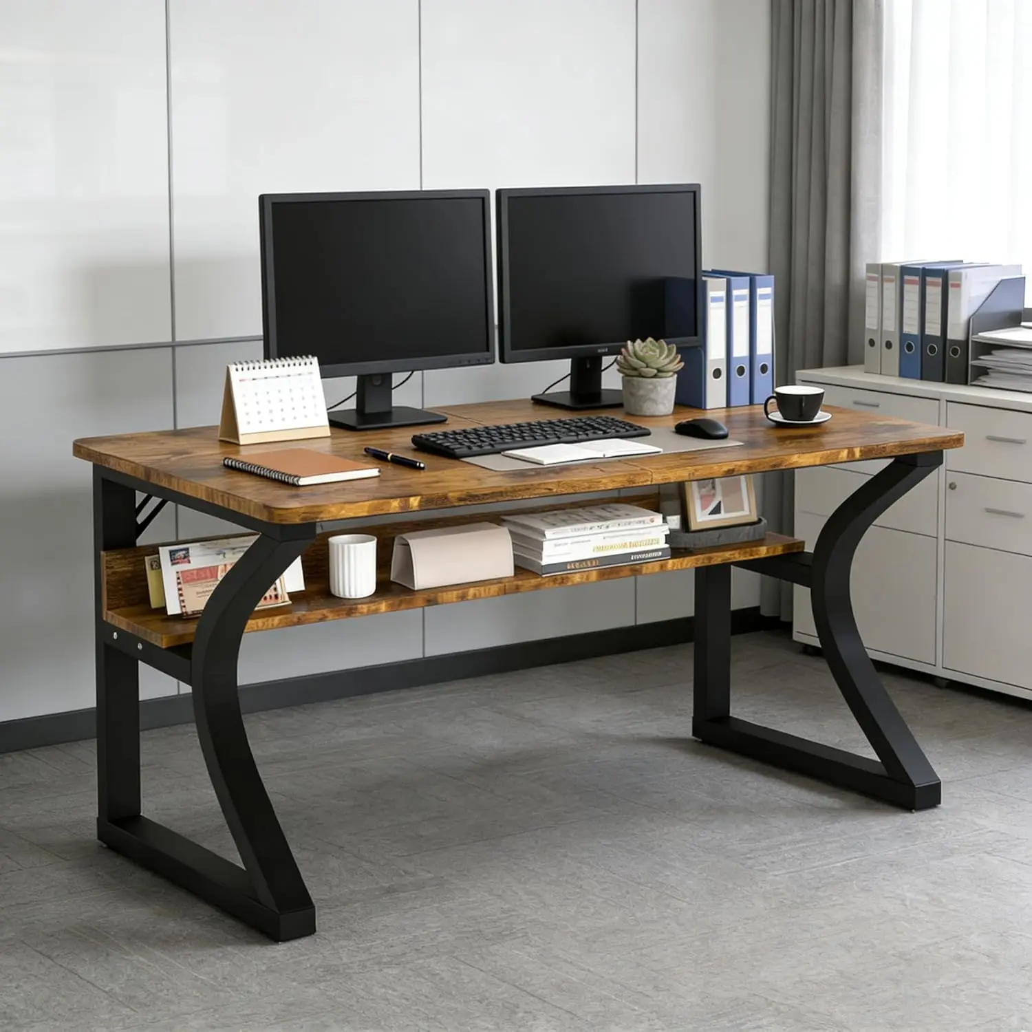 

47in C-Leg Computer Desk with Storage Shelf for Home Office Gaming Study, Brown, Customized