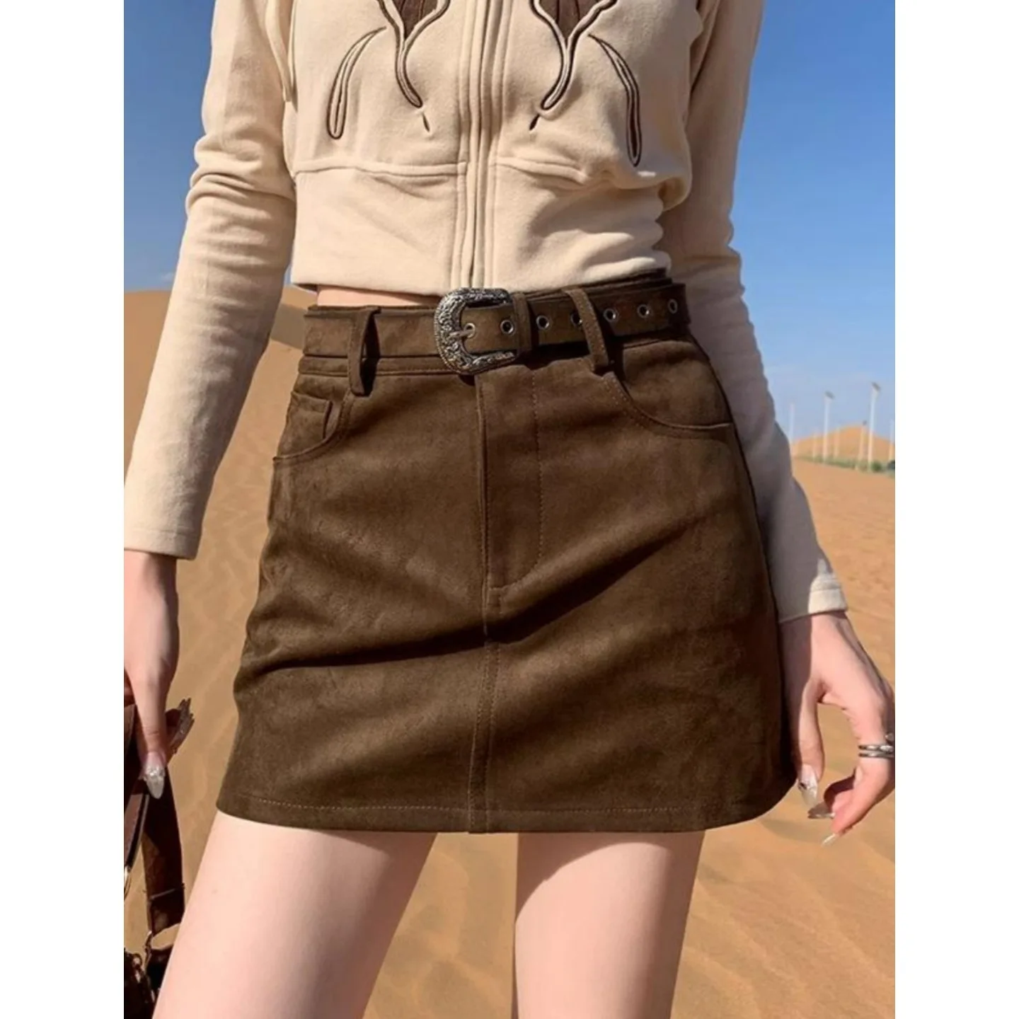 Womens Western Vintage Faux Suede Mini Skirt High Waist Solid A Line Short Skirt with Pocket Design