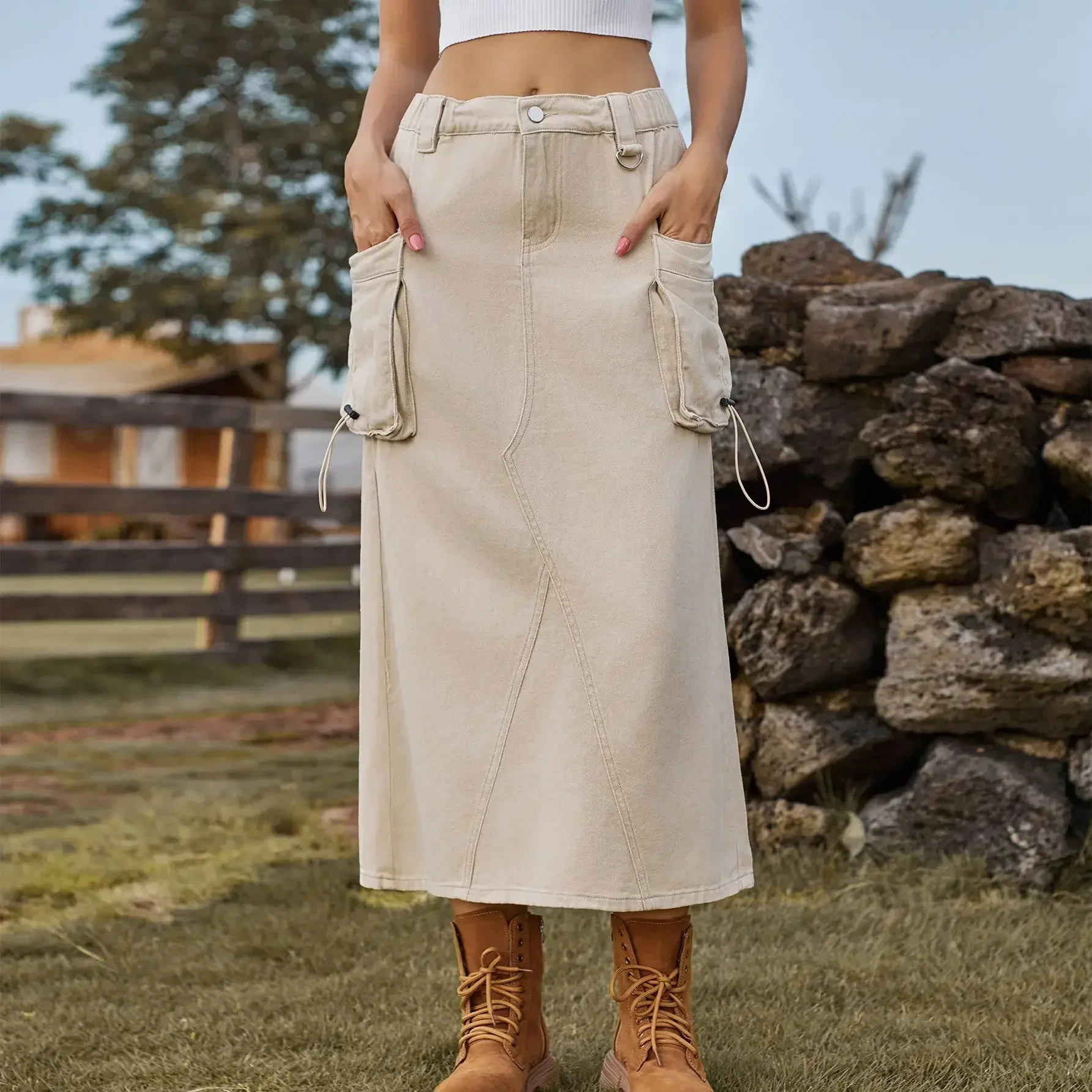 

Women Skirts Denim Solid Dress Draw String Slim Fit Vestidos Sexy Wrap Buttocks Pockets Basics Cargo Ankle Length Spliced 2025