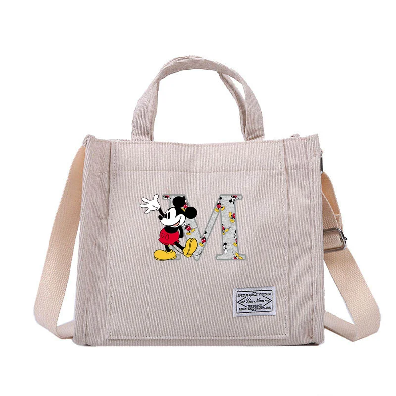 Disney Mickey Mouse A-Z 26 English Letters Women\'s Shoulde Bag Canvas Tote Bags for Commuting College Student Fashion Trend Bag