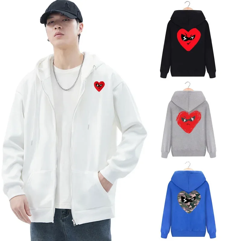 Break Egg Men Hoodie Zipper Cotton Red Cool Glasses Heart Embroidery Colorful Heart Print Pocket Loose Fleece Autumn Sweater