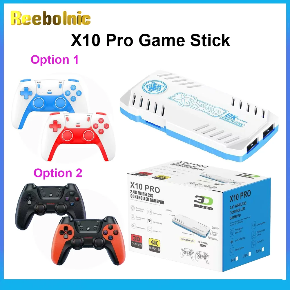 Reebolnic X10 Pro Game Stick 128G TF Card 50000Games Installed 4K HD 50 Emulators Videojuegos Consola Dual Wireless Gamepad