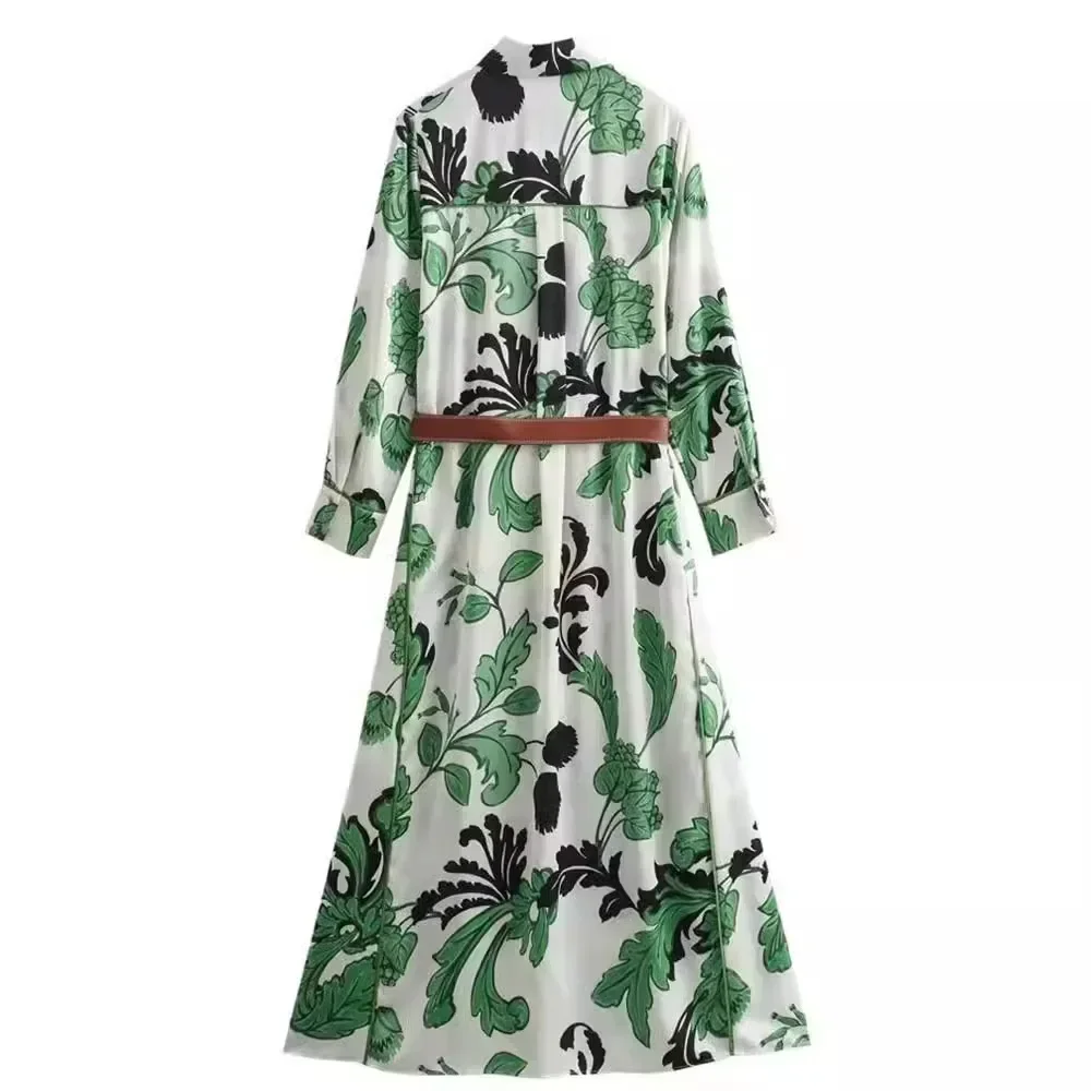 여성용 실크 새틴 질감 프린트 원피스, 전면 슬릿 디자인 롱 스커트, 벨트 셔츠 스타일, 신상