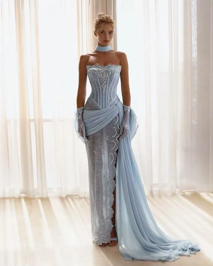 Vestido de fiesta con cuentas árabes 2025, cristales de alta costura, encaje azul cielo, vestidos de fiesta sexys con chal, guantes, vestido de fiesta, vestido de gala para eventos