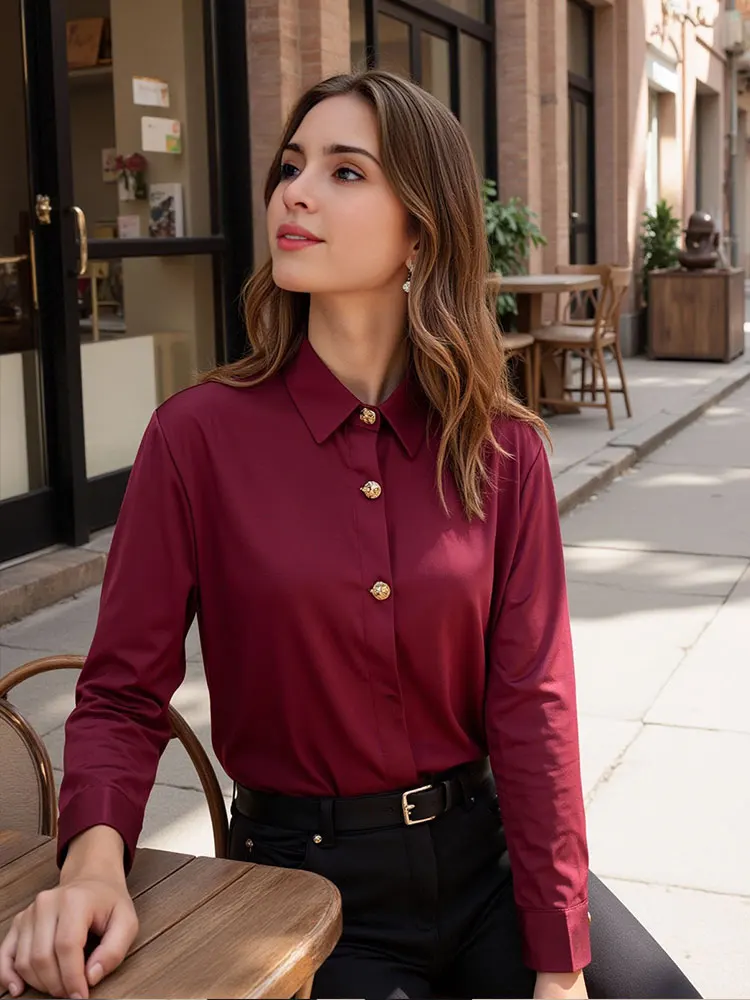 HH Frauen Mode Weinrote Bluse Vintage Gold Knopf Langarm Hemd 2025, Frühling Sommer Weibliche Formale Büro Casual Top
