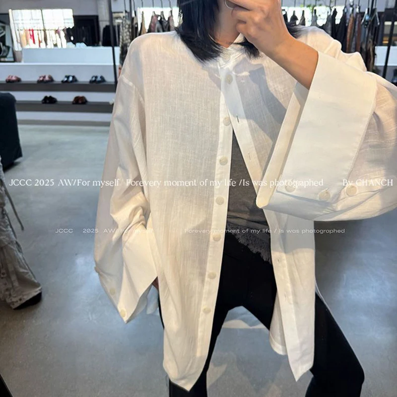 

Women Cotton Linen White Shirt Loose Casual Lazy Long Sleeve Blouse Spring Fall Lightweight American Street Simple Harajuku Top
