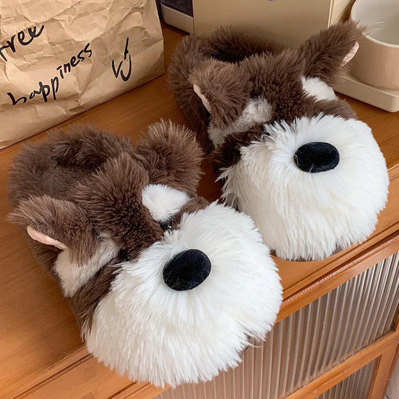 حقيبة كلب كرتونية لطيفة مع ممسحة قطنية للنساء شتاء جديد للمنزل الداخلي ونعل سميك ومضاد للانزلاق أحذية قطنية دافئة للزوجين