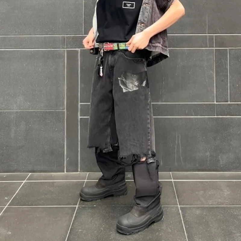 

Мужские джинсовые шорты e Rose Sle High Street с рваным краем, широкими штанинами, длиной 7/8, с черной тесьмой, повседневные, летние