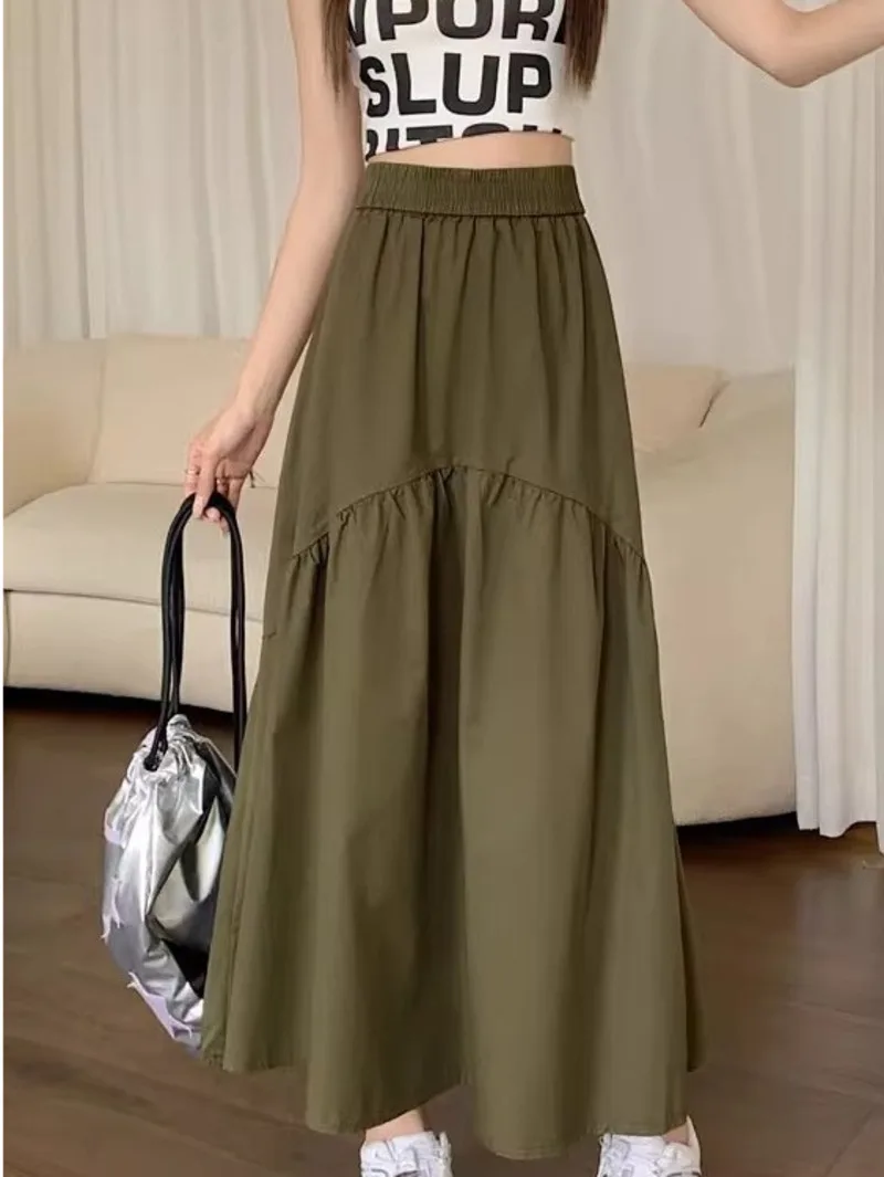 2024 Summer New Small Half Skirt Korean Edition Fashionable and Minimalist Design Folded Spliced Elastic Waist Long Skirt NV83