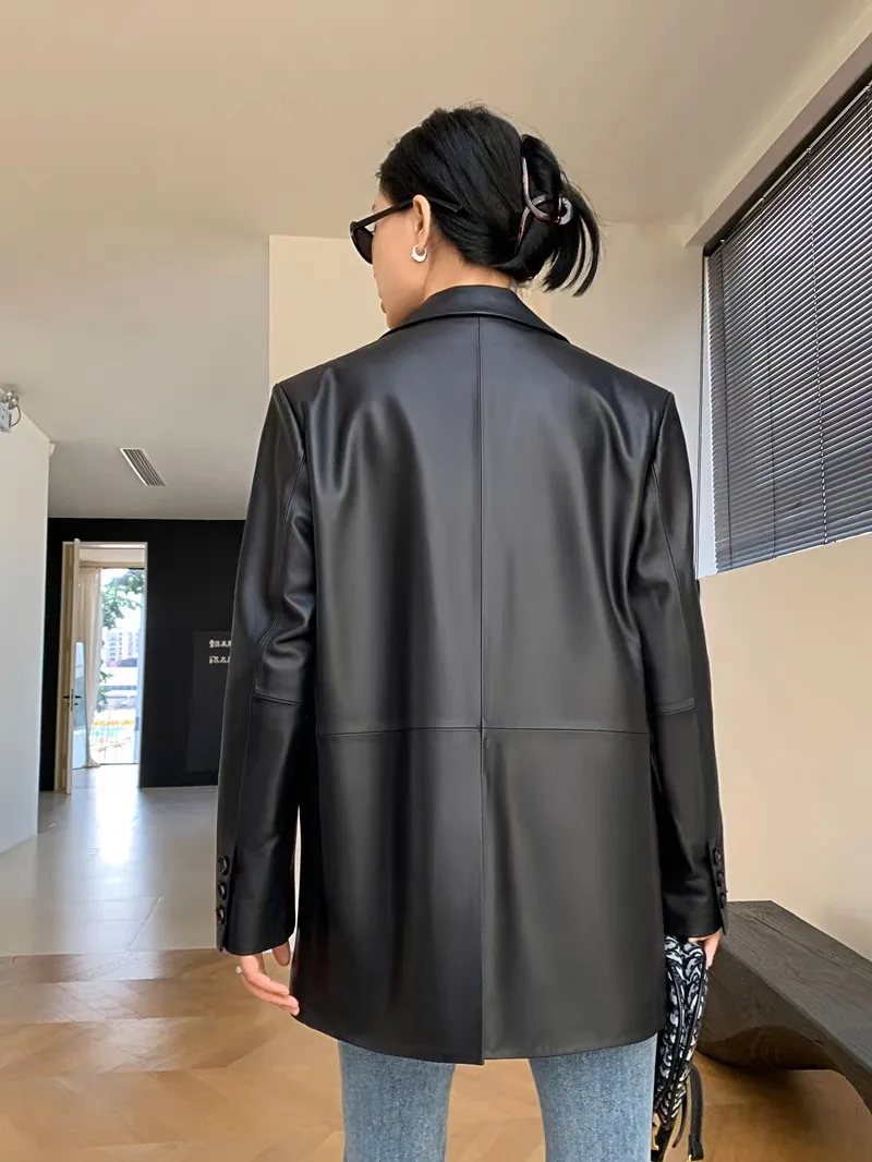 2025 Autunno Giacca da donna oversize in vera pelle Donna 100% pelle di pecora Retro Marrone Spalla larga Cappotto da abito Streetwear Blazer