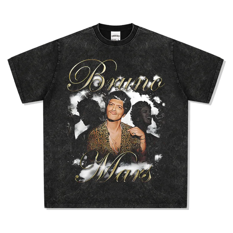 Camiseta americana de Bruno Mars para hombres y mujeres, moda callejera, estampado Vintage, lavado antiguo, pesado, suelto, Manga corta por igual