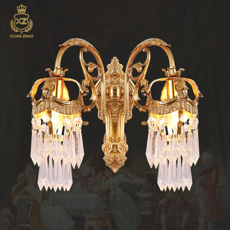 

French Classical Style Handmade Lost Wax Brass Crystal Wall Lamp Indoor Living Room Dining Room Bedroom Copper Wall Sconce